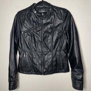 T2 Black Faux Leather Moto Jacket Women's Medium Zip Biker Lined